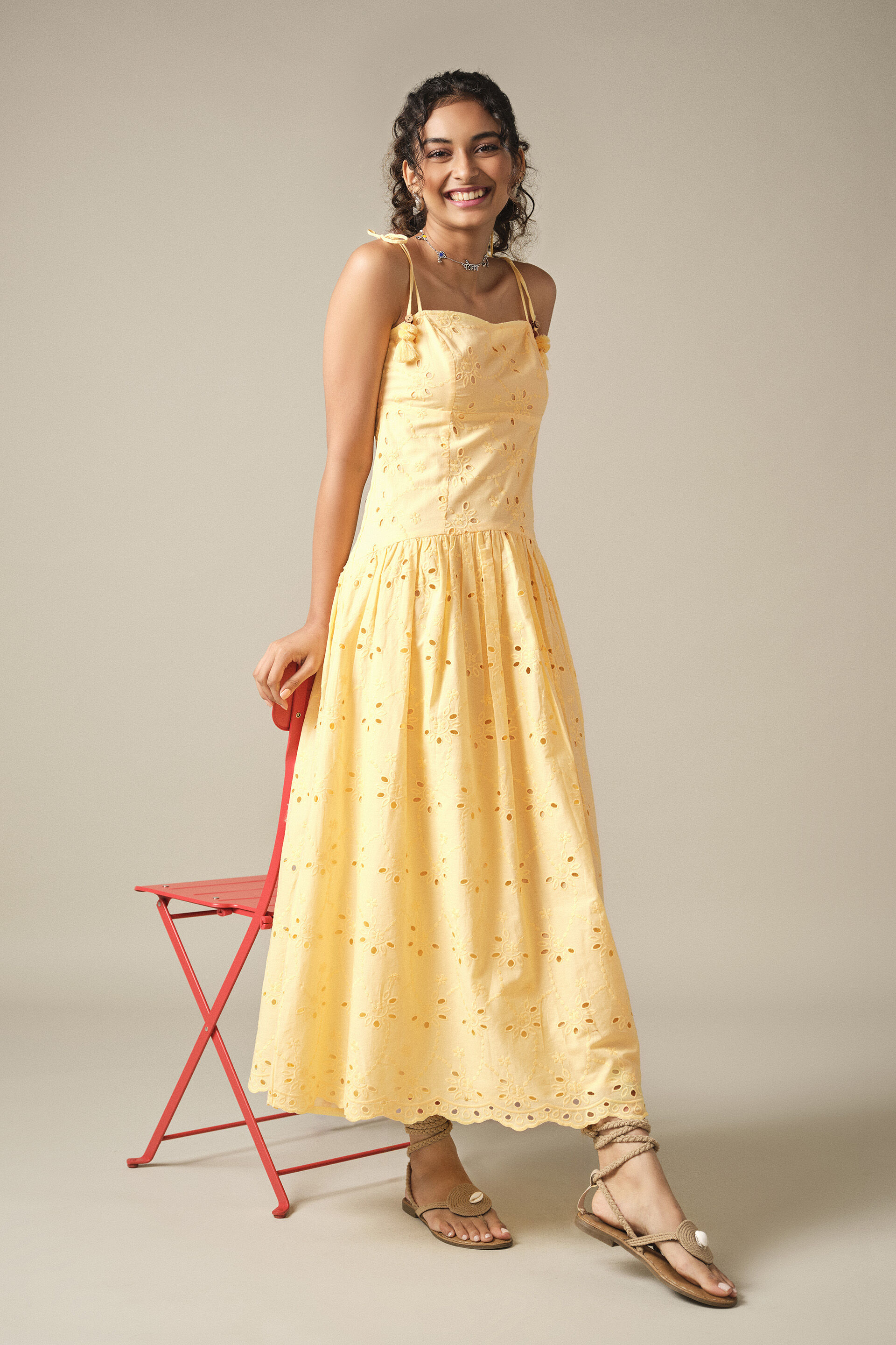 Drop Waist Cotton Summer Dress in Yellow, Yellow, image 2